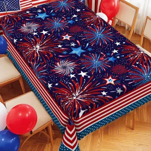 Independence day themed table cloth detail view featuring patriotic stars and fireworks design.