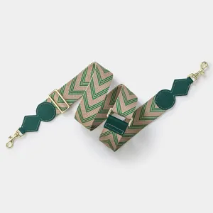 Detailed closeup of the wide replacement bag strap with chic chevron pattern and metal hardware.