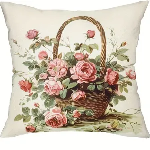 French pastoral vintage rose flower basket throw pillow cover detail view, cozy sofa cushion.