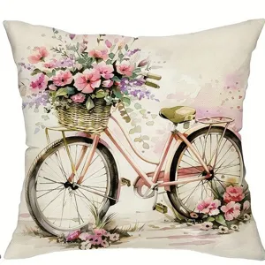 Detail view of French pastoral style watercolor pink bicycle floral throw pillow cover design.