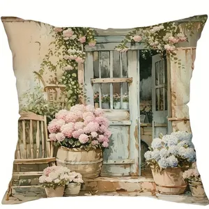 French country floral throw pillow cover for living room sofa, vintage garden porch art cushion.