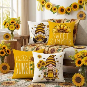 Autumn farmhouse sunflower throw pillow covers, set of 4 cute gnome decorative cushions for sofa.