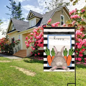 Easter garden flag detail view featuring cute bunny and carrots for outdoor holiday decor.