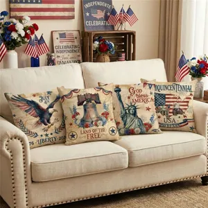 American Independence Day throw pillow covers set, vintage USA flag eagle statue decor.