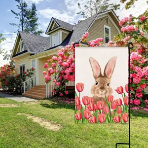 Easter garden flag featuring cute bunny and colorful tulips, perfect for outdoor spring holiday party.