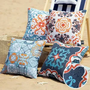 Waterproof outdoor throw pillow covers with bohemian geometric floral pattern for sofa.