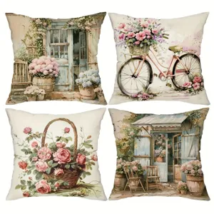 French Country Floral Linen Throw Pillow Cover Artistic Watercolor Scenery Cushion Case For Sofa Bed Living Room Home Decor