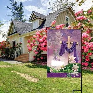 Easter garden flag with cross and lily print, double-sided yard banner for spring outdoor.