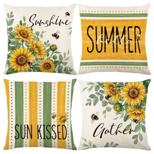 Autumn sunflower cushion covers set of 4, vintage farmhouse style decorative pillow cases for sofa.