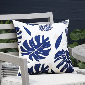Outdoor waterproof plant throw pillow cover, elegant blue monstera leaf sofa cushion for home decor.