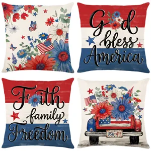 American Independence Day pillow covers set with patriotic floral, flag and truck designs.