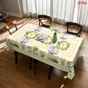 Detailansicht der Frühlings-Tischdecke mit gelben Tulpen und Fahrradmuster für die Tischdekoration.