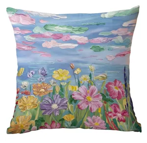 Detailed view of oil painting landscape pillow cover with vibrant floral and sky art print.