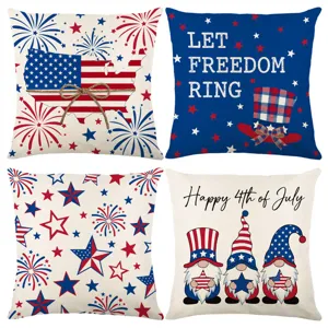 Set of 4 Independence Day pillow covers featuring American flags, stars, and cute gnomes.