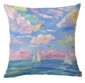 Close-up detail of oil painting seascape throw pillow cover, vibrant artistic cloud design.