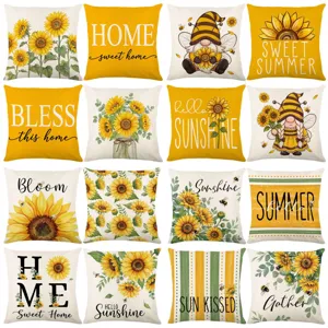 American Country Rustic Linen Sunflower Pillowcase Decorative Throw Cushion Cover Warm Yellow Farmhouse Floral Print Home Decor
