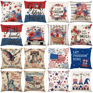 Independence Day Linen Pillow Cover USA Flag Patriotic Quote Decorative Throw Cushion Case For Sofa Home Festivities Accent Decor