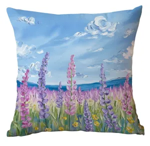 Oil painting landscape throw pillow case, floral decorative sofa cushion cover for home bedroom.