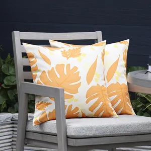 Outdoor waterproof botanical leaf throw pillow cover detail view, stylish and modern home decor.
