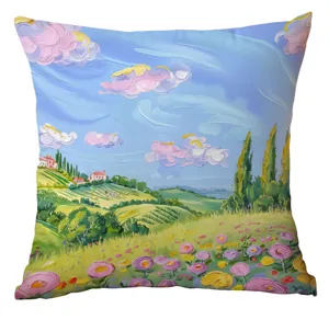 Exquisite oil painting landscape print detail on the decorative throw pillow cover surface.