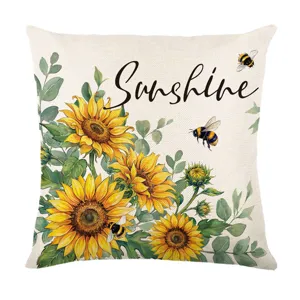 Autumn sunflower cushion cover with bee print, rustic farmhouse style decorative pillowcase.