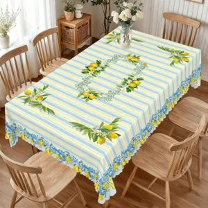 Tovaglia rettangolare estiva a limoni con strisce blu e stampa floreale per decorare la tavola
