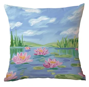 Artistic water lily oil painting cushion cover, beautiful landscape pillowcase for sofa bedroom.