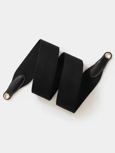 Black polyester webbing replacement bag strap with leather ends and gold metal eyelets detail.