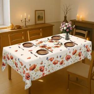 Detailansicht der eleganten Tischdecke mit Frühlingsblumen und Schmetterlingen für den Tisch.