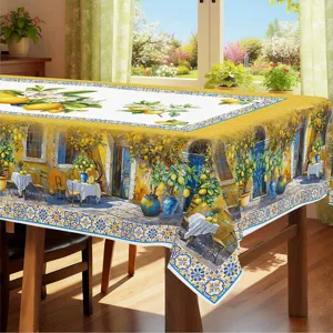 Tovaglia con limoni mediterranea per decorazione tavolo da pranzo, stampa frutta estiva.