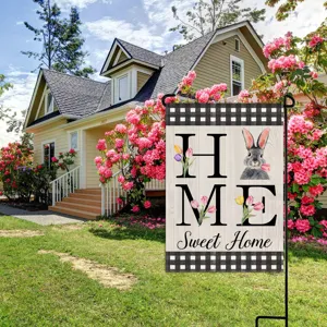 Easter garden flag outdoor decor with cute bunny and tulips for spring holiday yard display.