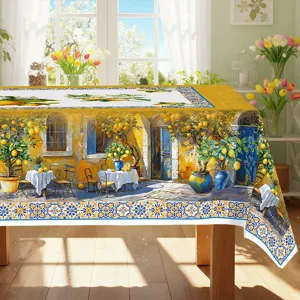 Scena tovaglia limoni mediterranea, design vivace alberi di frutta pittura a olio, arredo.