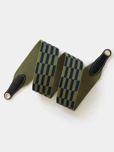 Polyester webbing replacement wide bag strap with leather ends and metal eyelets detail.