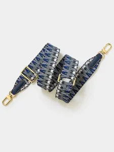 Bandoulière de sac tissée de rechange avec longueur réglable, motif bleu et quincaillerie dorée.