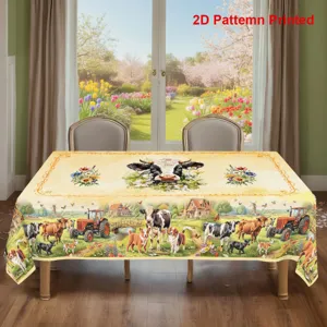 Nappe rectangulaire style campagnard avec adorables vaches, tracteurs et imprimé floral.