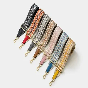 Detailed view of colorful woven replacement bag straps featuring ethnic geometric patterns.