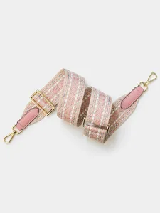 Pink woven wide replacement bag strap detail with luxury gold hardware and leather ends.