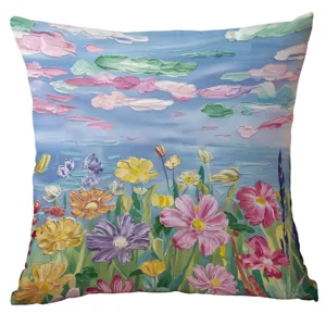 Oil painting floral throw pillow cover, artistic landscape watercolor cushion case for sofa.