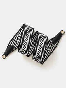 Black and white chevron replacement bag strap with leather ends and gold hardware for purses.