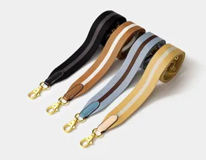 Tracolla larga di ricambio versatile, tela e pelle bicolore con accessori metallici dorati.