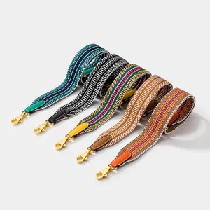 Retro Woven Wide Bag Strap Replacement Cotton Geometric Striped Shoulder Belt With Cowhide Leather Ends Metal Buckles For Handbags