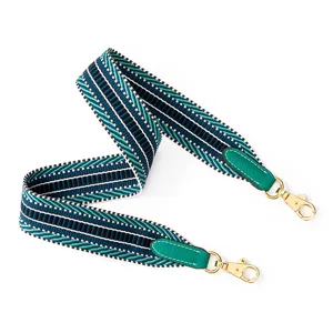 Stylish wide replacement strap for handbags, blue and green woven geometric canvas design.