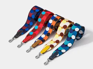 Colorful geometric polka dot canvas wide bag strap with leather ends and metal hooks for purses.