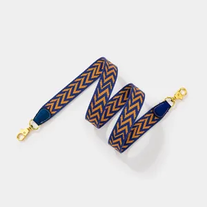 Replacement bag strap, blue and orange chevron woven canvas with gold hardware hooks.
