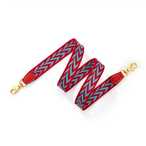 Red and blue woven canvas replacement shoulder strap for crossbody bags with gold hardware.