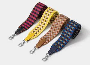 Colorful block check jacquard wide replacement shoulder bag straps with metal clasps.