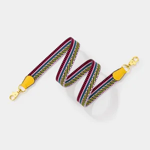 Colorful striped replacement bag strap with gold hardware and yellow leather ends for purses.