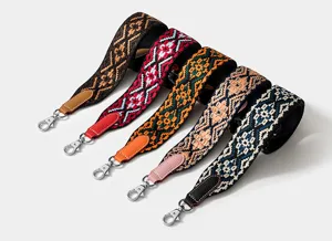 Boho wide woven replacement bag strap for shoulder and crossbody bags with metal clasps