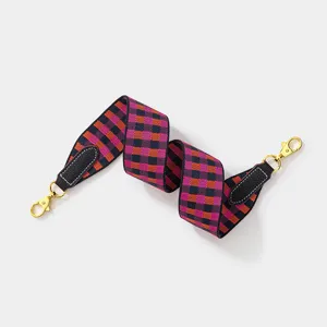 Colorful plaid jacquard wide shoulder strap with leather ends and gold metal hooks for bags