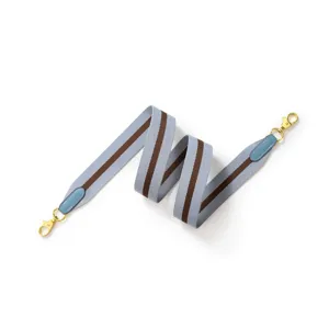 Ampia tracolla di ricambio per borsa, tela tessuta blu e marrone con accessori metallici dorati.